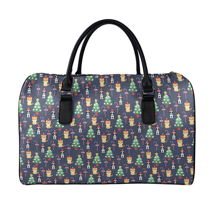 Christmas Boston Terrier And Corgi Print Leather Duffle Bag
