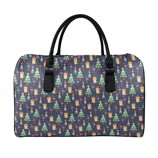 Christmas Boston Terrier And Corgi Print Leather Duffle Bag