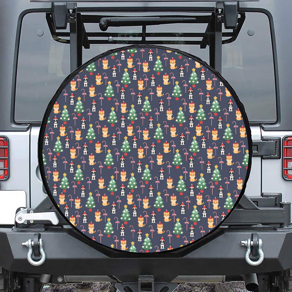 Christmas Boston Terrier And Corgi Print Leather Spare Tire Cover