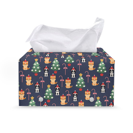 Christmas Boston Terrier And Corgi Print Leather Tissue Box Cover