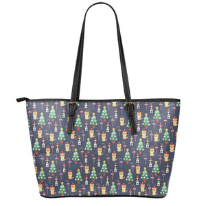 Christmas Boston Terrier And Corgi Print Leather Tote Bag