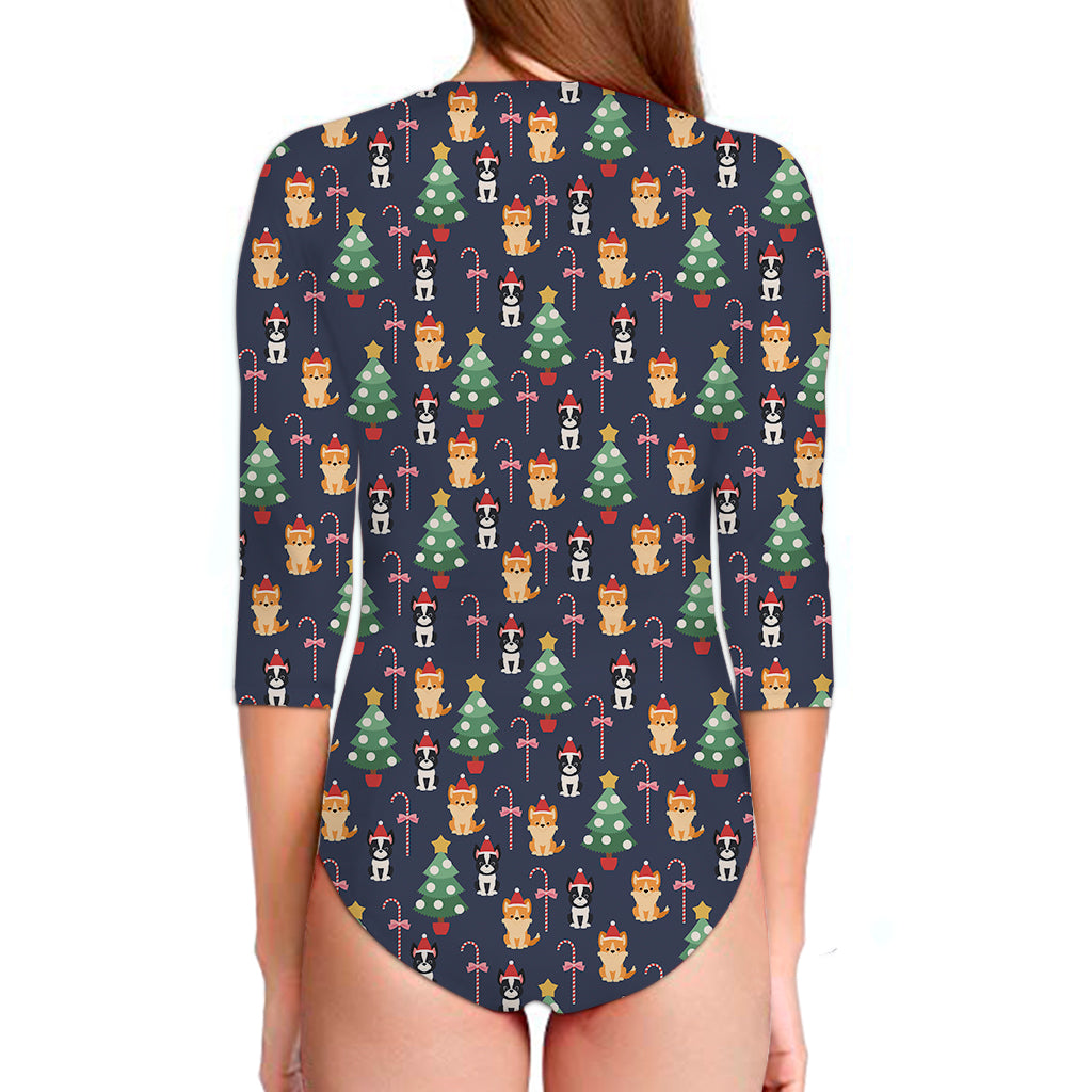 Christmas Boston Terrier And Corgi Print Long Sleeve Swimsuit