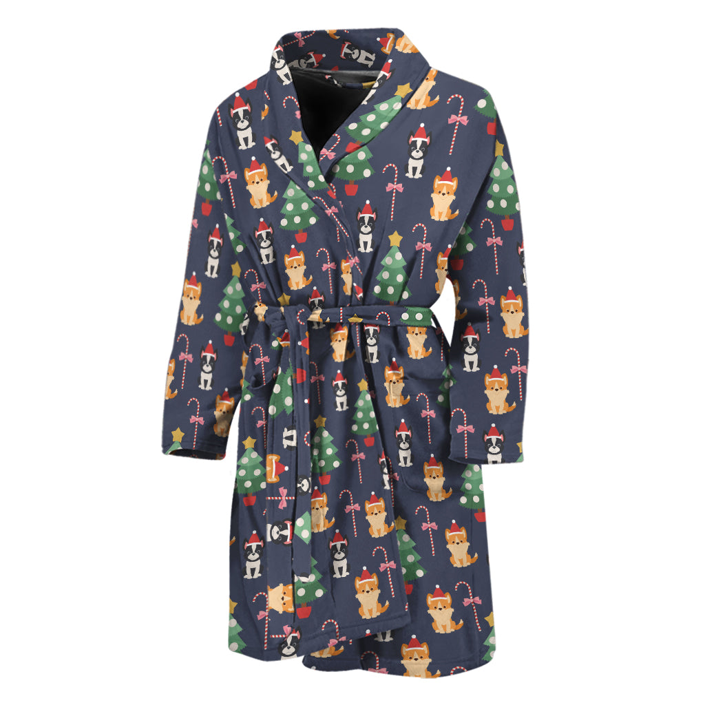 Christmas Boston Terrier And Corgi Print Men's Bathrobe