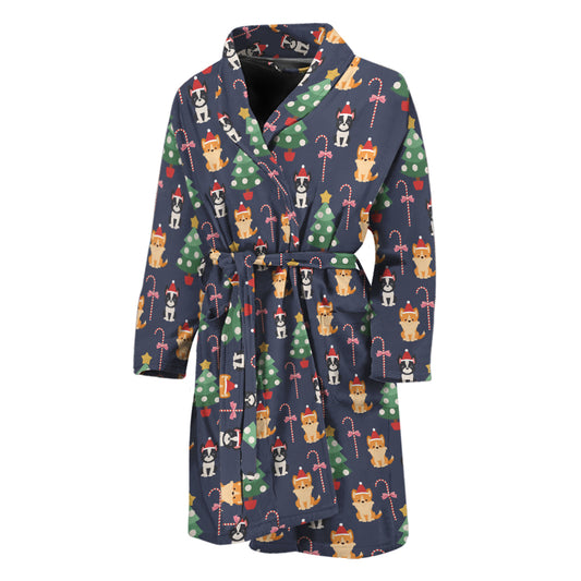 Christmas Boston Terrier And Corgi Print Men's Bathrobe