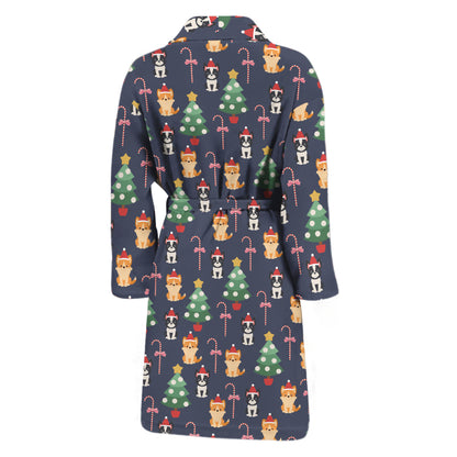 Christmas Boston Terrier And Corgi Print Men's Bathrobe