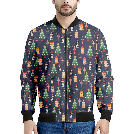 Christmas Boston Terrier And Corgi Print Men's Bomber Jacket