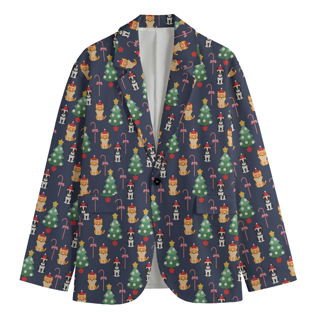 Christmas Boston Terrier And Corgi Print Men's Cotton Blazer