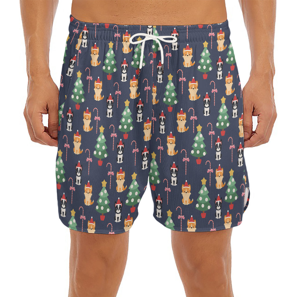 Christmas Boston Terrier And Corgi Print Men's Split Running Shorts