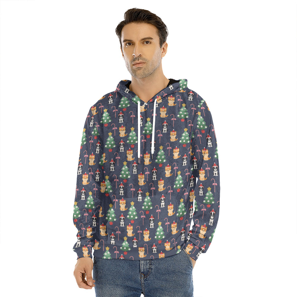 Christmas Boston Terrier And Corgi Print Men's Velvet Pullover Hoodie