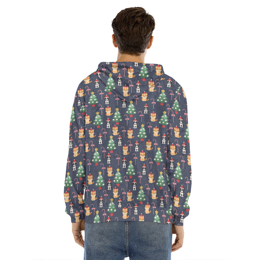 Christmas Boston Terrier And Corgi Print Men's Velvet Pullover Hoodie