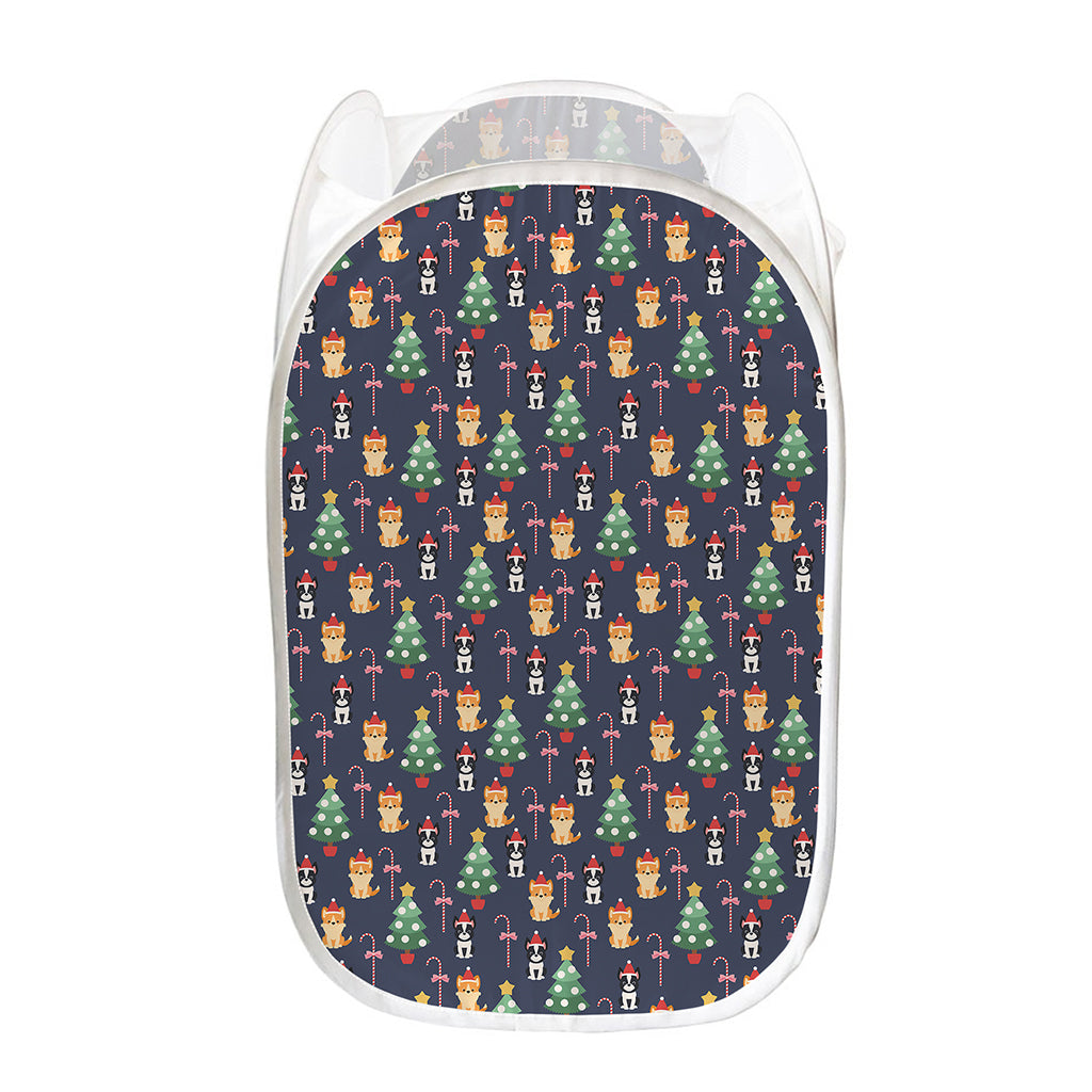 Christmas Boston Terrier And Corgi Print Mesh Laundry Hamper