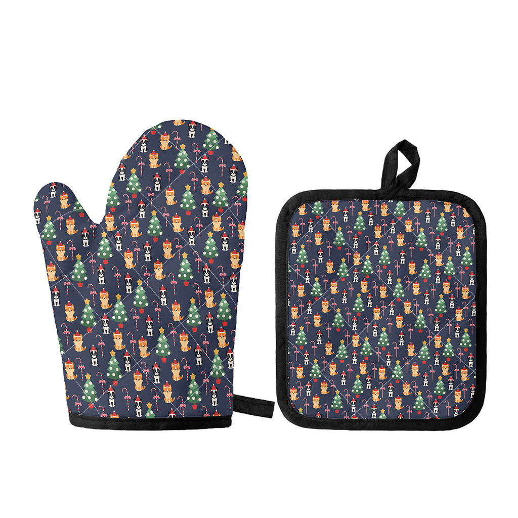 Christmas Boston Terrier And Corgi Print Oven Mitt And Pot Holder Set