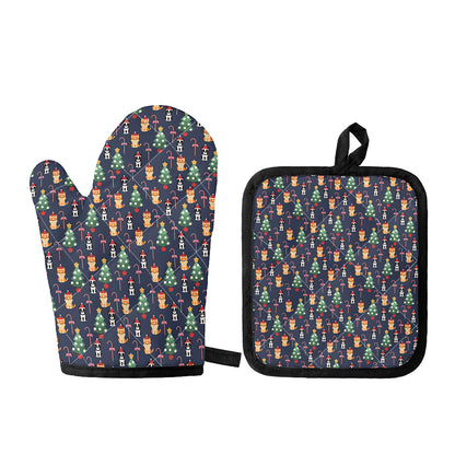 Christmas Boston Terrier And Corgi Print Oven Mitt And Pot Holder Set