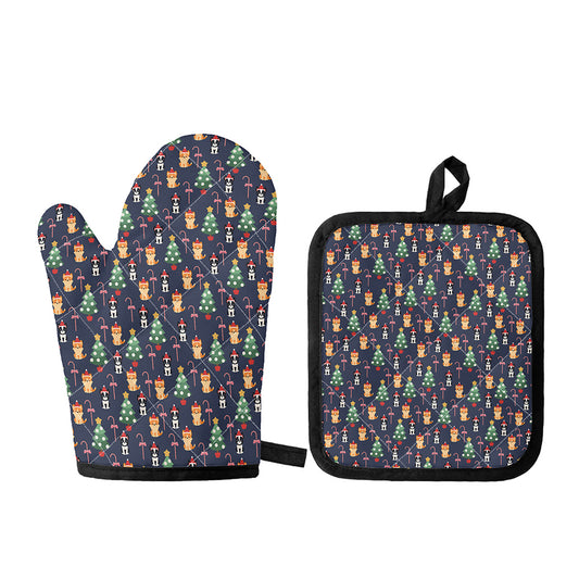 Christmas Boston Terrier And Corgi Print Oven Mitt And Pot Holder Set