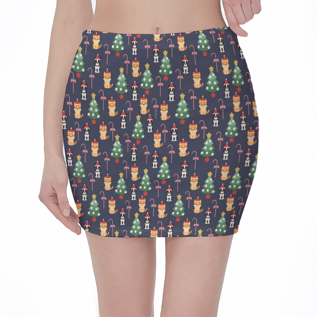 Christmas Boston Terrier And Corgi Print Pencil Mini Skirt