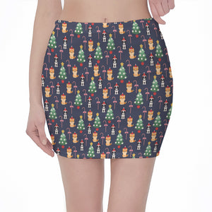 Christmas Boston Terrier And Corgi Print Pencil Mini Skirt