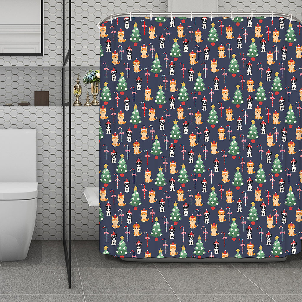 Christmas Boston Terrier And Corgi Print Polyester Shower Curtain