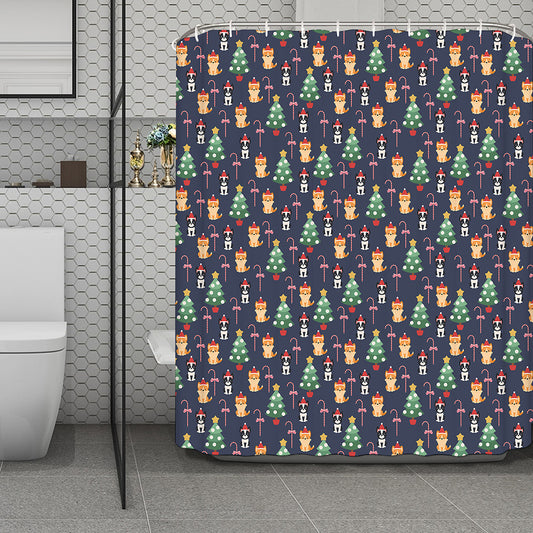 Christmas Boston Terrier And Corgi Print Polyester Shower Curtain