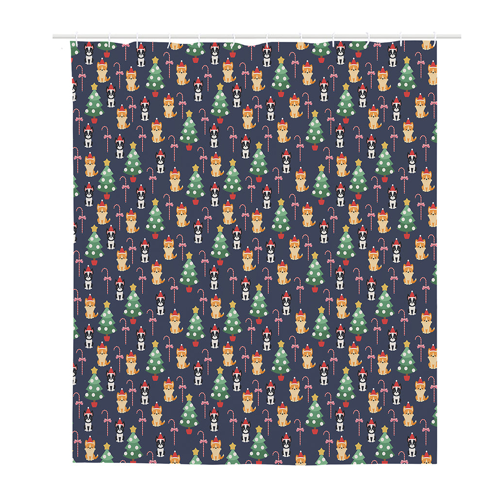 Christmas Boston Terrier And Corgi Print Polyester Shower Curtain