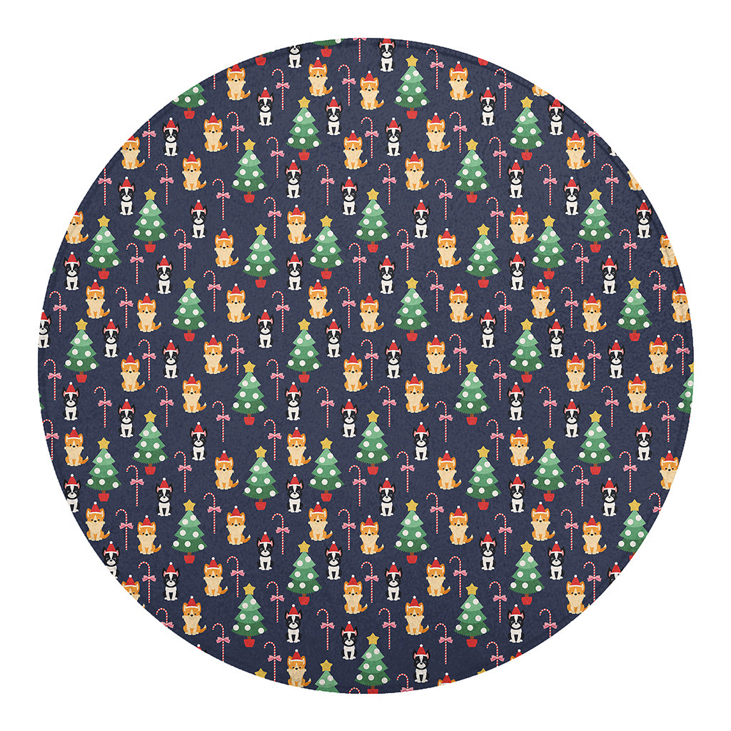 Christmas Boston Terrier And Corgi Print Round Blanket