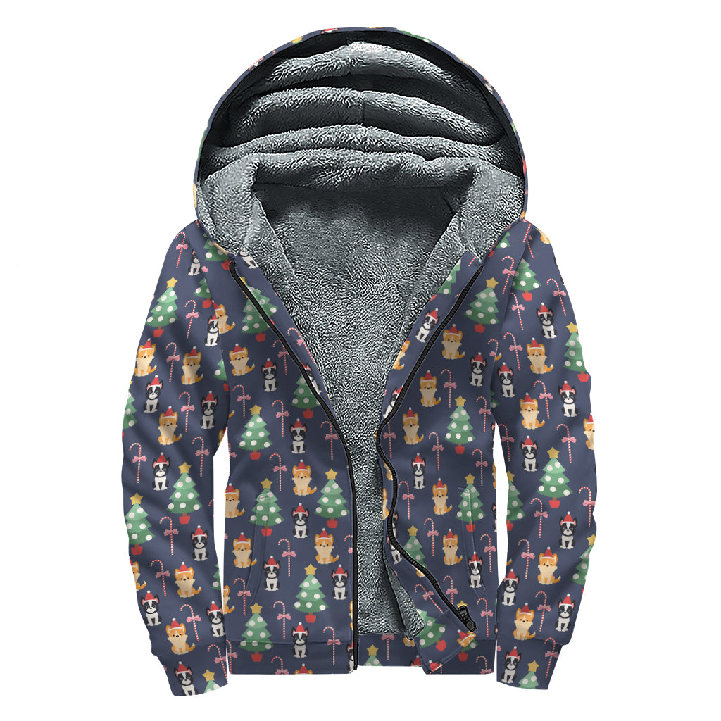 Christmas Boston Terrier And Corgi Print Sherpa Lined Zip Up Hoodie