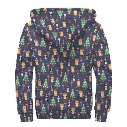 Christmas Boston Terrier And Corgi Print Sherpa Lined Zip Up Hoodie