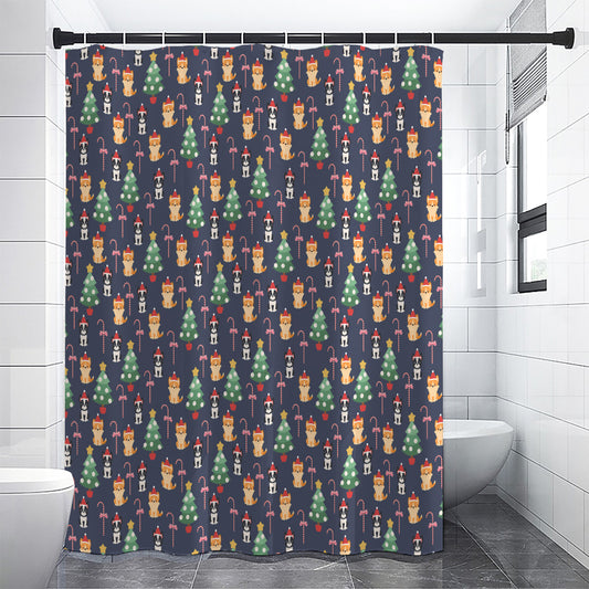 Christmas Boston Terrier And Corgi Print Shower Curtain
