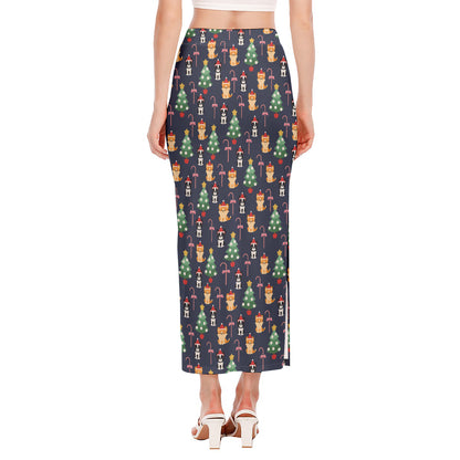 Christmas Boston Terrier And Corgi Print Side Slit Maxi Skirt