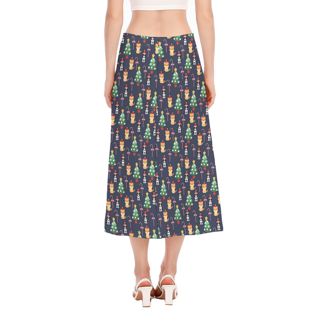 Christmas Boston Terrier And Corgi Print Side Slit Midi Skirt