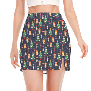 Christmas Boston Terrier And Corgi Print Side Slit Mini Skirt