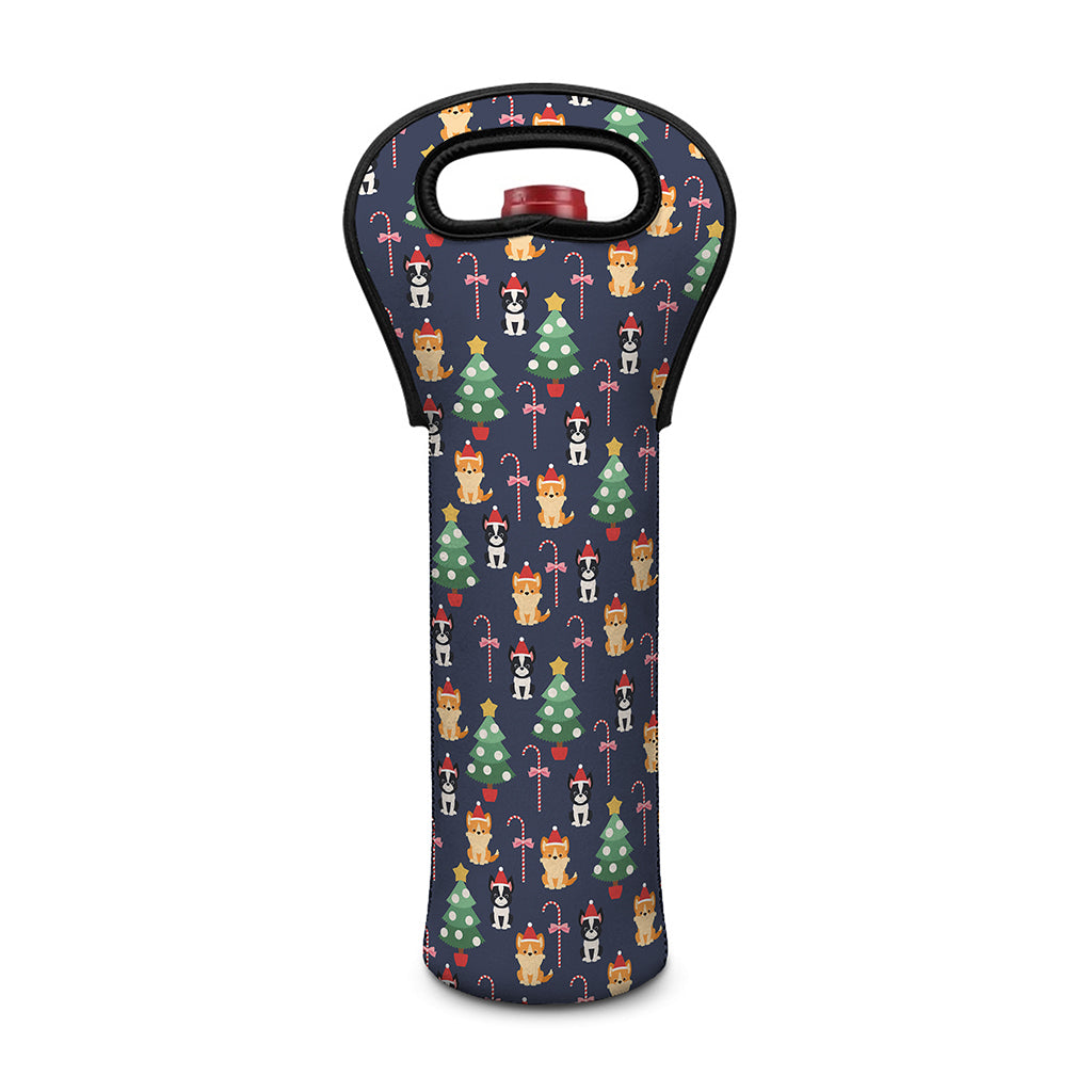 Christmas Boston Terrier And Corgi Print Single Neoprene Wine Tote