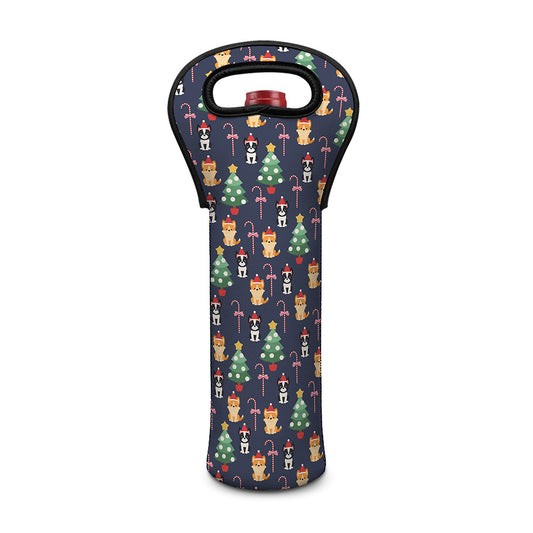 Christmas Boston Terrier And Corgi Print Single Neoprene Wine Tote