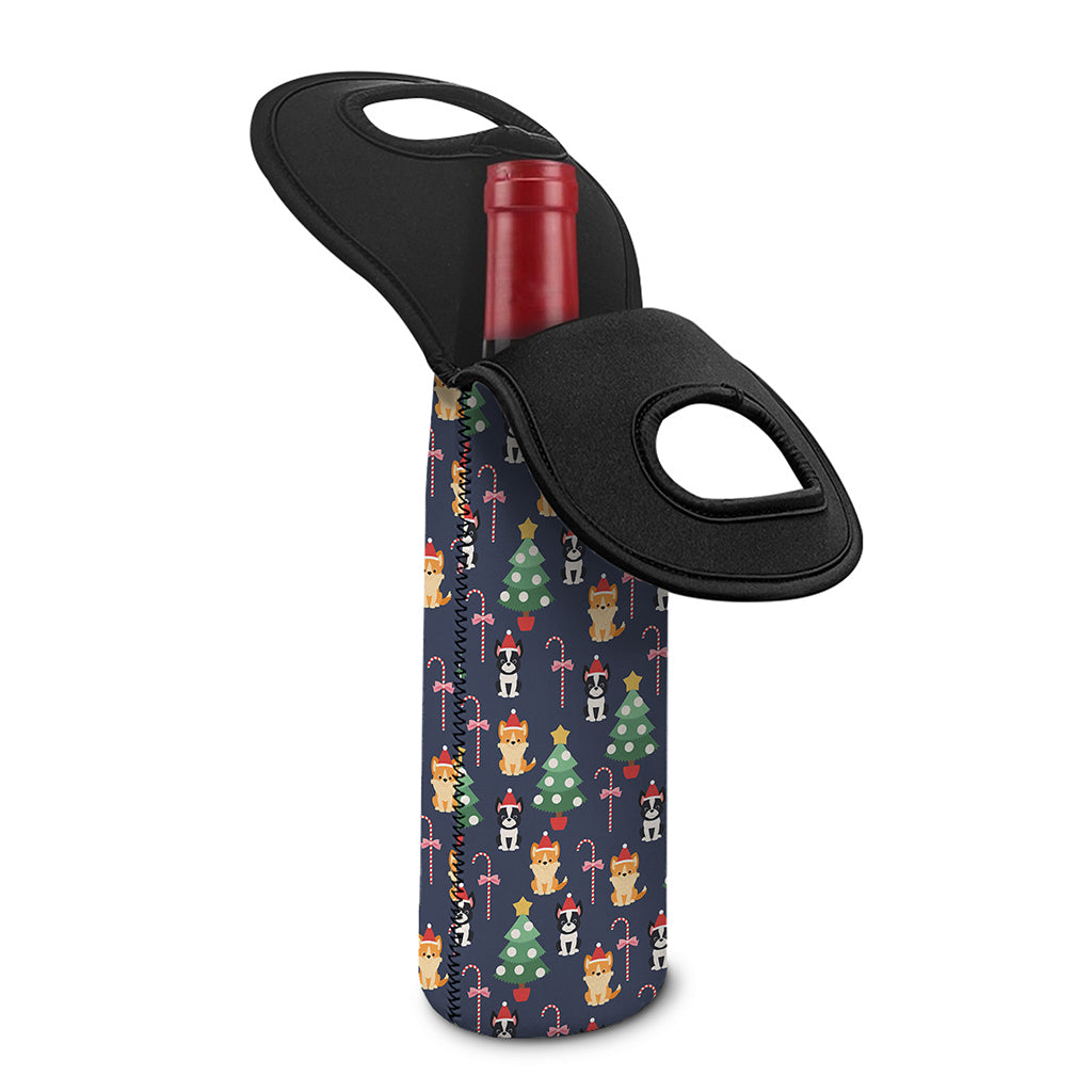 Christmas Boston Terrier And Corgi Print Single Neoprene Wine Tote