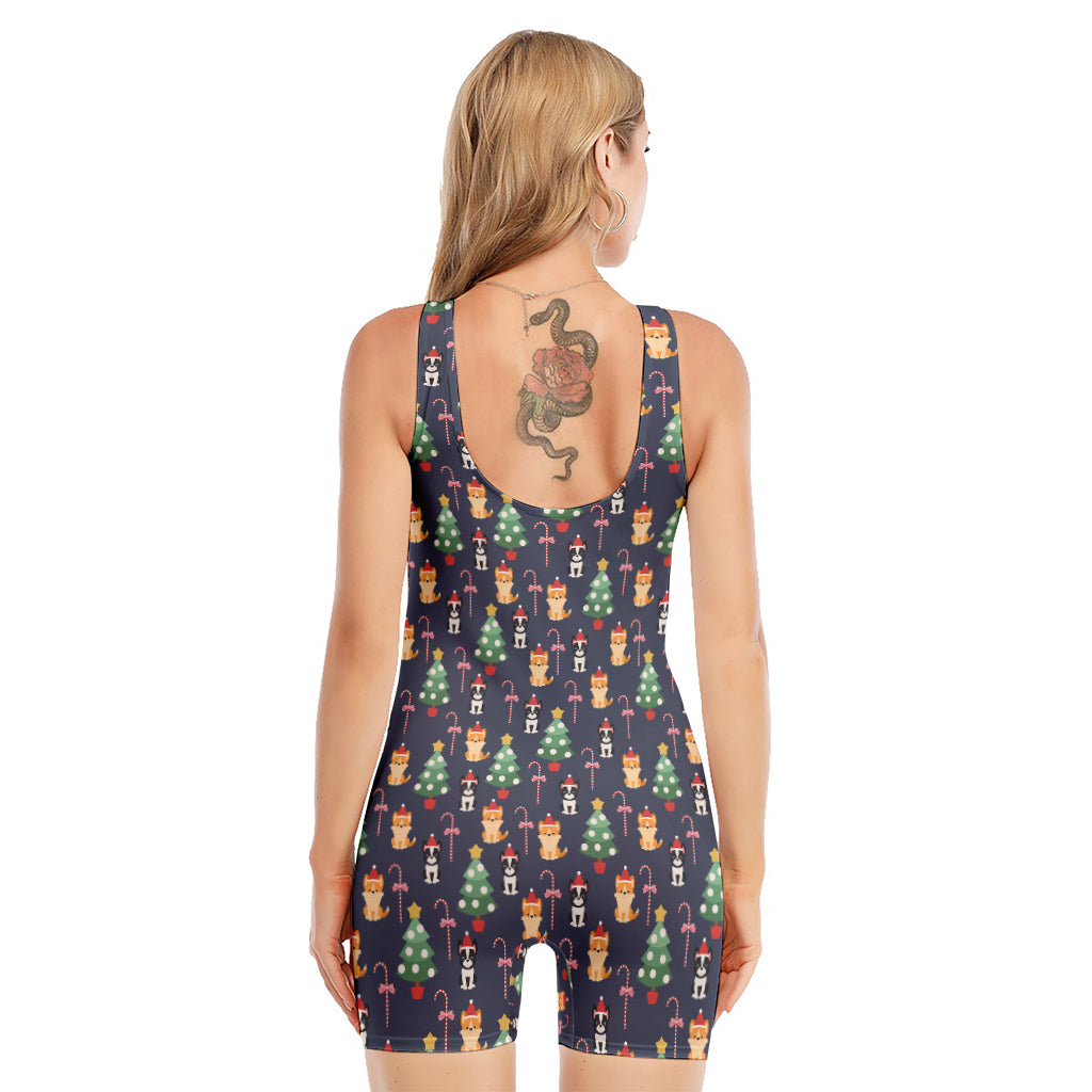 Christmas Boston Terrier And Corgi Print Sleeveless One Piece Swimsuit