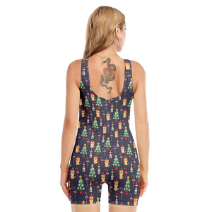 Christmas Boston Terrier And Corgi Print Sleeveless One Piece Swimsuit