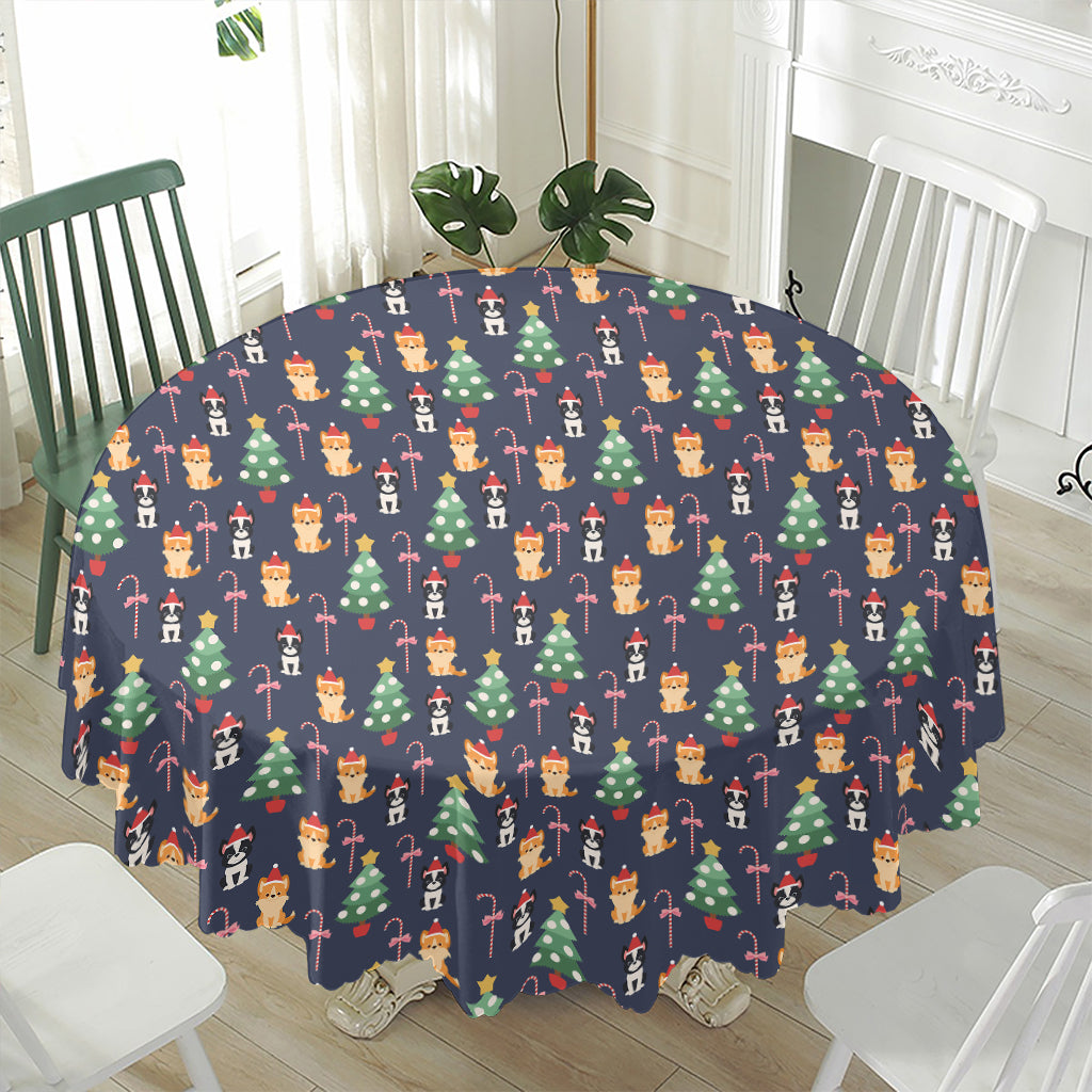 Christmas Boston Terrier And Corgi Print Waterproof Round Tablecloth