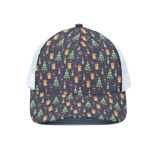 Christmas Boston Terrier And Corgi Print White Mesh Trucker Cap