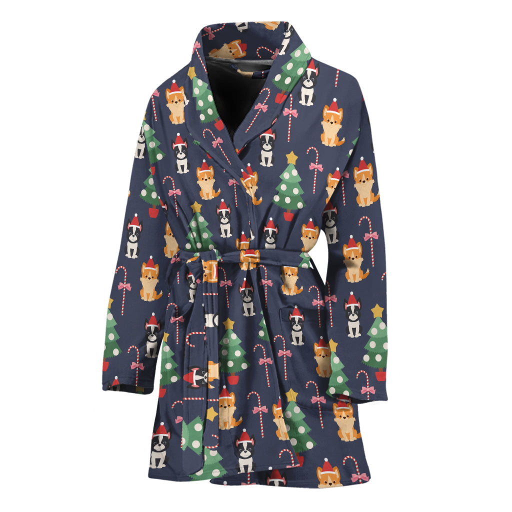 Christmas Boston Terrier And Corgi Print Women's Bathrobe