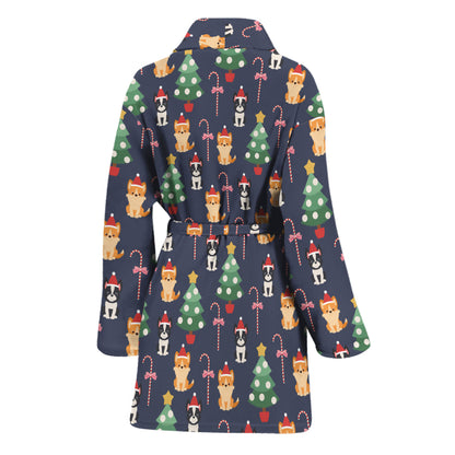 Christmas Boston Terrier And Corgi Print Women's Bathrobe