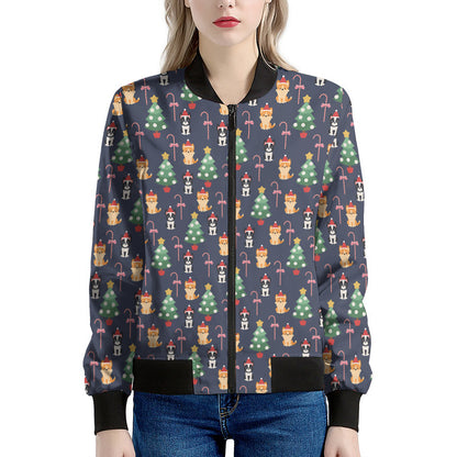 Christmas Boston Terrier And Corgi Print Women's Bomber Jacket