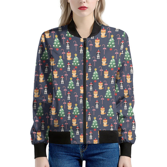 Christmas Boston Terrier And Corgi Print Women's Bomber Jacket