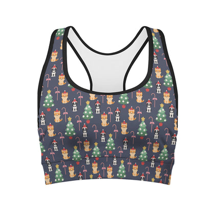 Christmas Boston Terrier And Corgi Print Women's Sports Bra