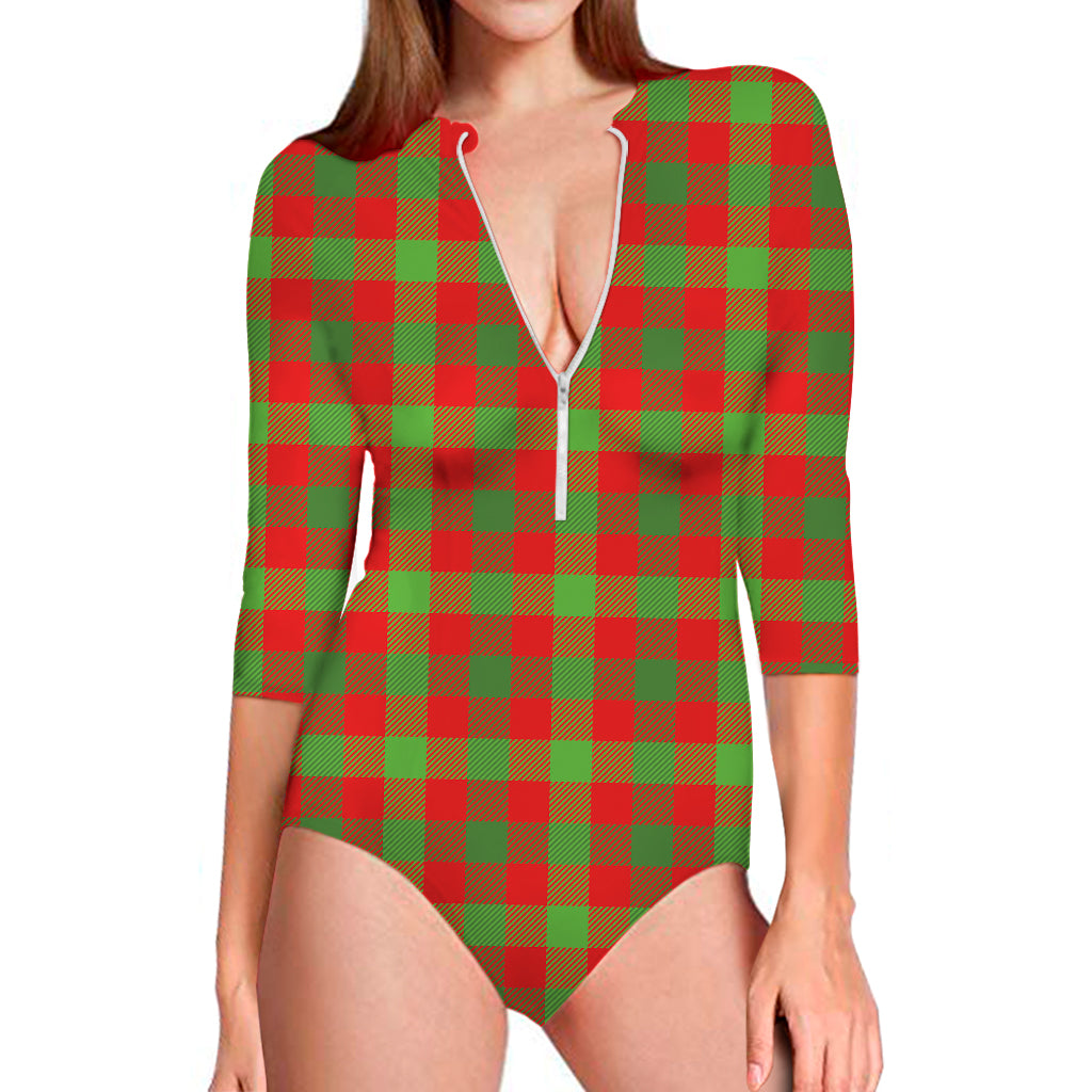 Christmas Buffalo Plaid Print Long Sleeve Swimsuit