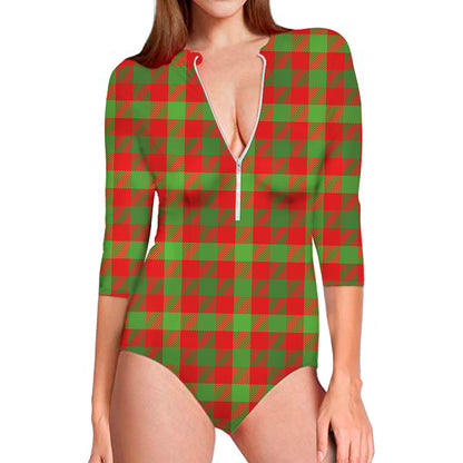 Christmas Buffalo Plaid Print Long Sleeve Swimsuit