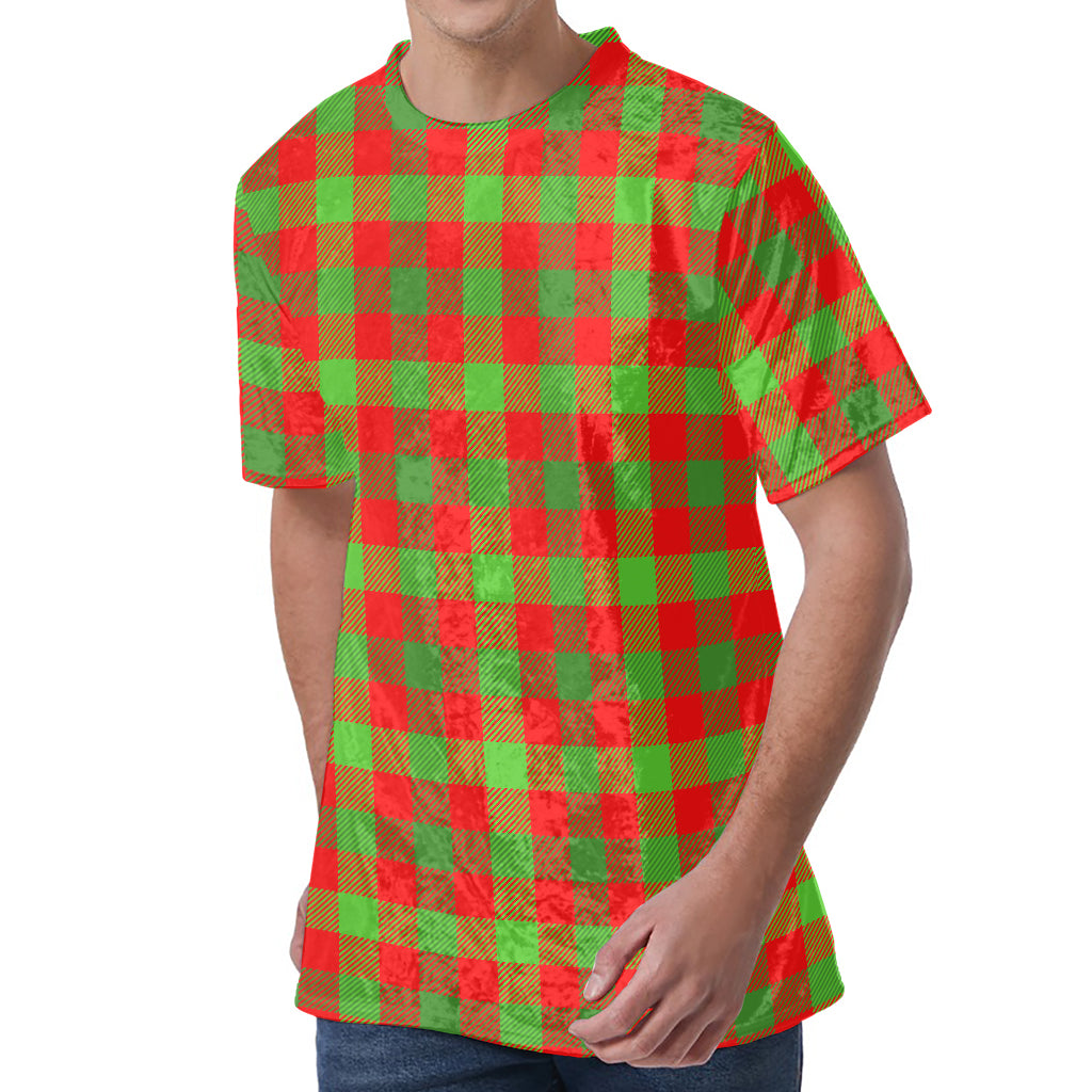 Christmas Buffalo Plaid Print Men's Velvet T-Shirt