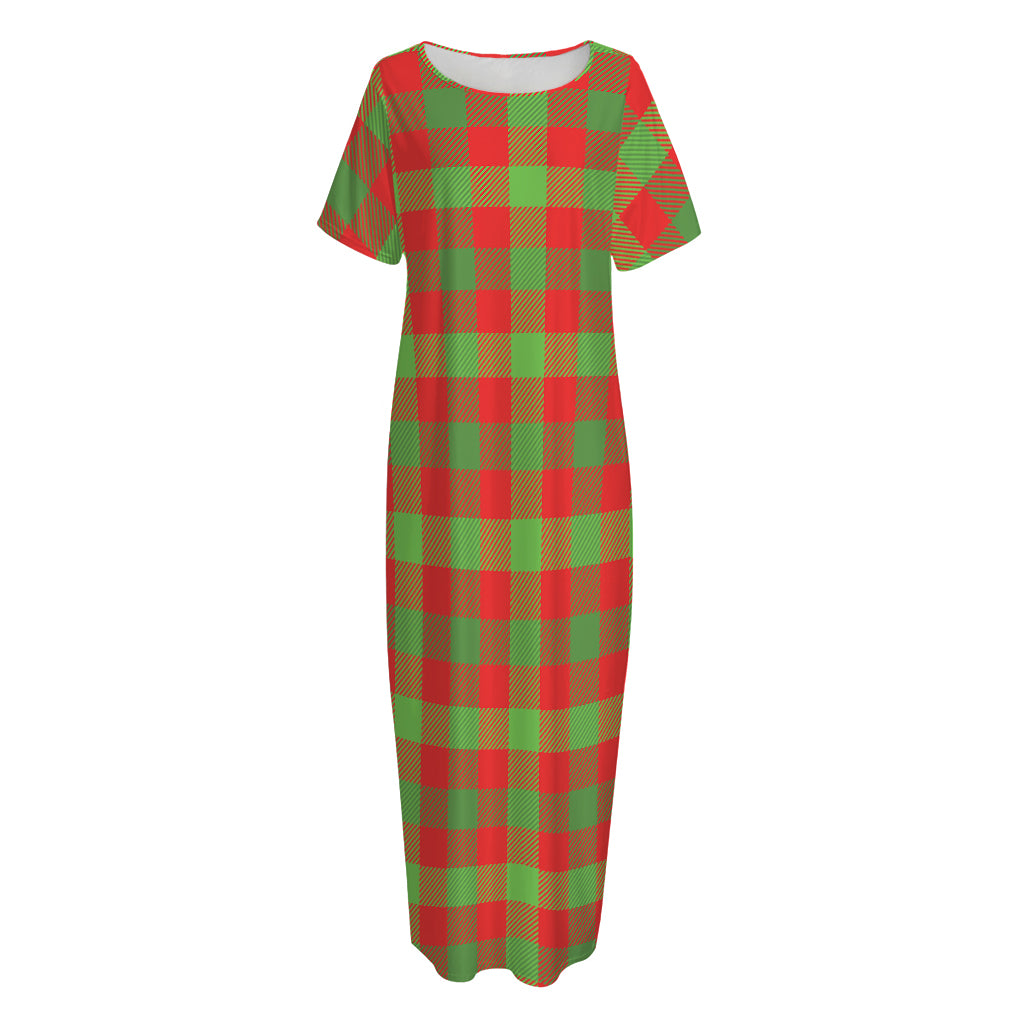 Christmas Buffalo Plaid Print Short Sleeve Long Nightdress