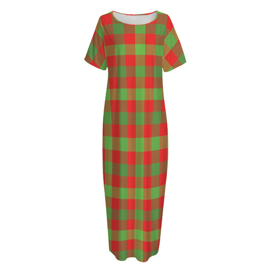 Christmas Buffalo Plaid Print Short Sleeve Long Nightdress