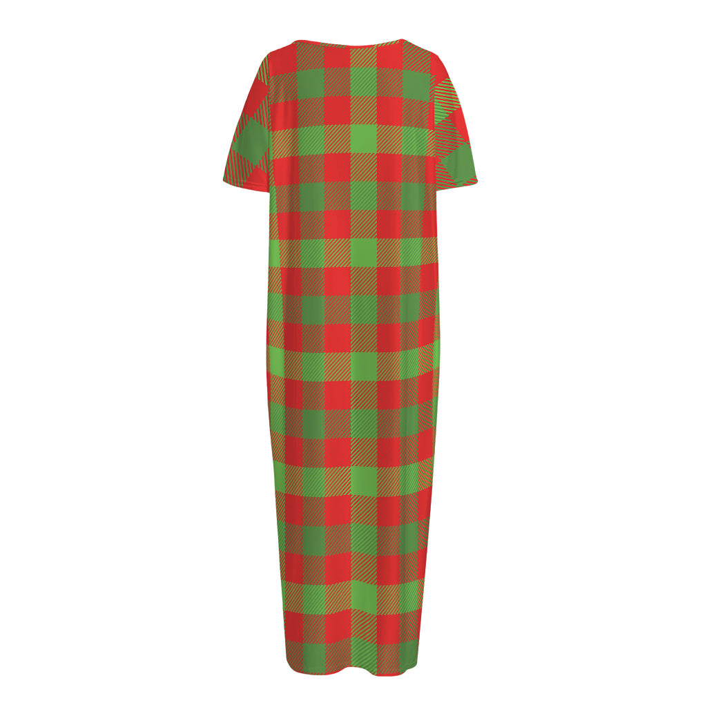 Christmas Buffalo Plaid Print Short Sleeve Long Nightdress