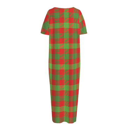 Christmas Buffalo Plaid Print Short Sleeve Long Nightdress