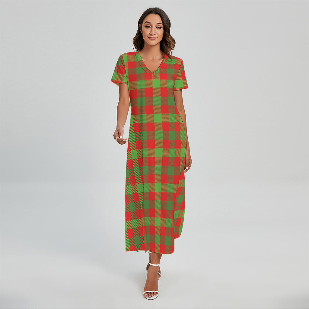 Christmas Buffalo Plaid Print Short Sleeve Maxi Dress